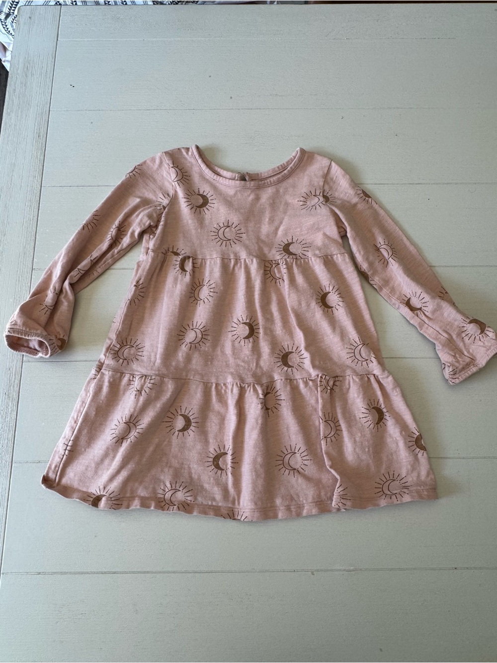 Girls' Blush Pink Sun Print Tiered Long-Sleeve Dress